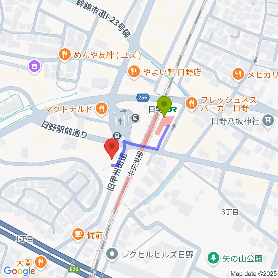 SoulKの最寄駅日野駅からの徒歩ルート（約2分）地図