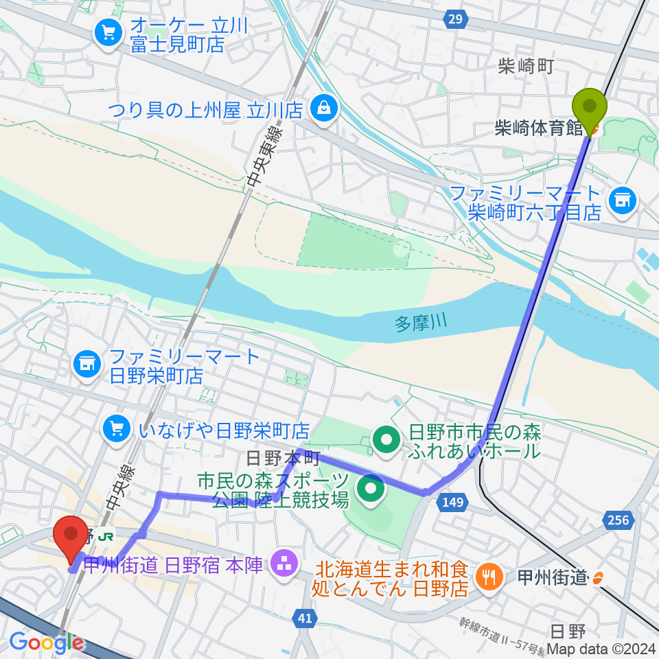 柴崎体育館駅からSoulKへのルートマップ地図