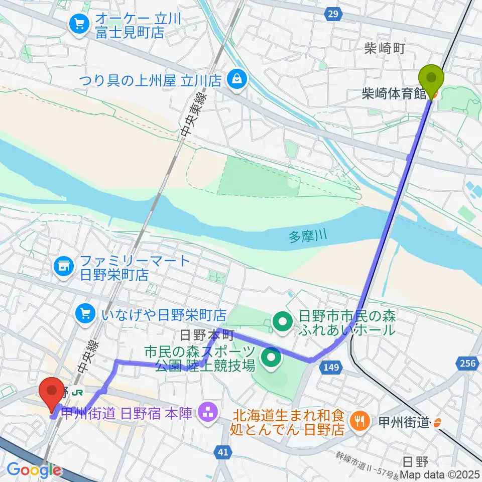 柴崎体育館駅からSoulKへのルートマップ地図