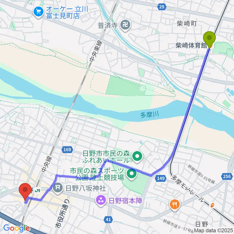 柴崎体育館駅からSoulKへのルートマップ地図
