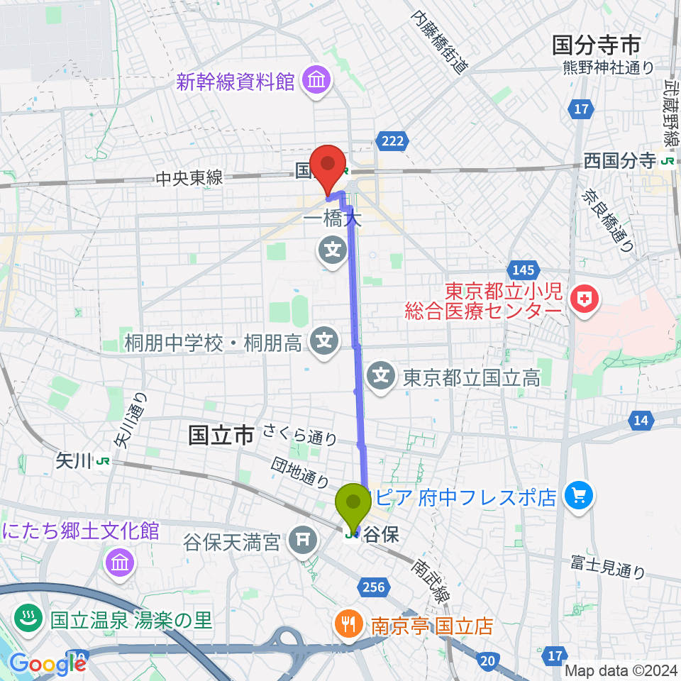 谷保駅から国立NO TRUNKSへのルートマップ地図