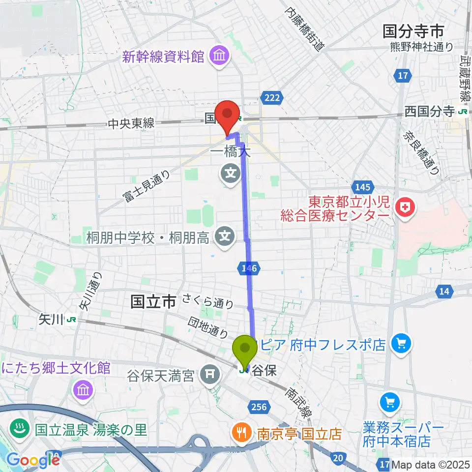 谷保駅から国立NO TRUNKSへのルートマップ地図