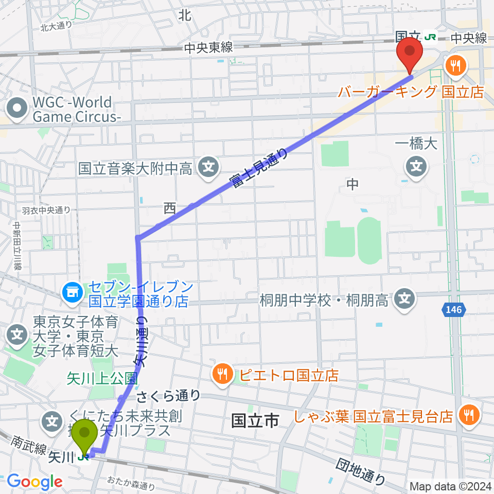 矢川駅から国立NO TRUNKSへのルートマップ地図