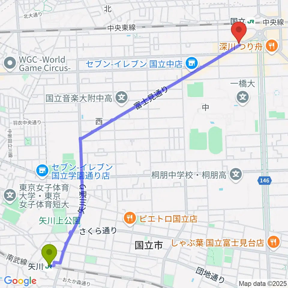 矢川駅から国立NO TRUNKSへのルートマップ地図