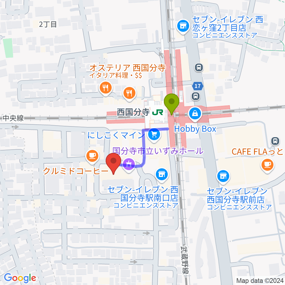 国分寺市立いずみホールの最寄駅西国分寺駅からの徒歩ルート（約2分）地図