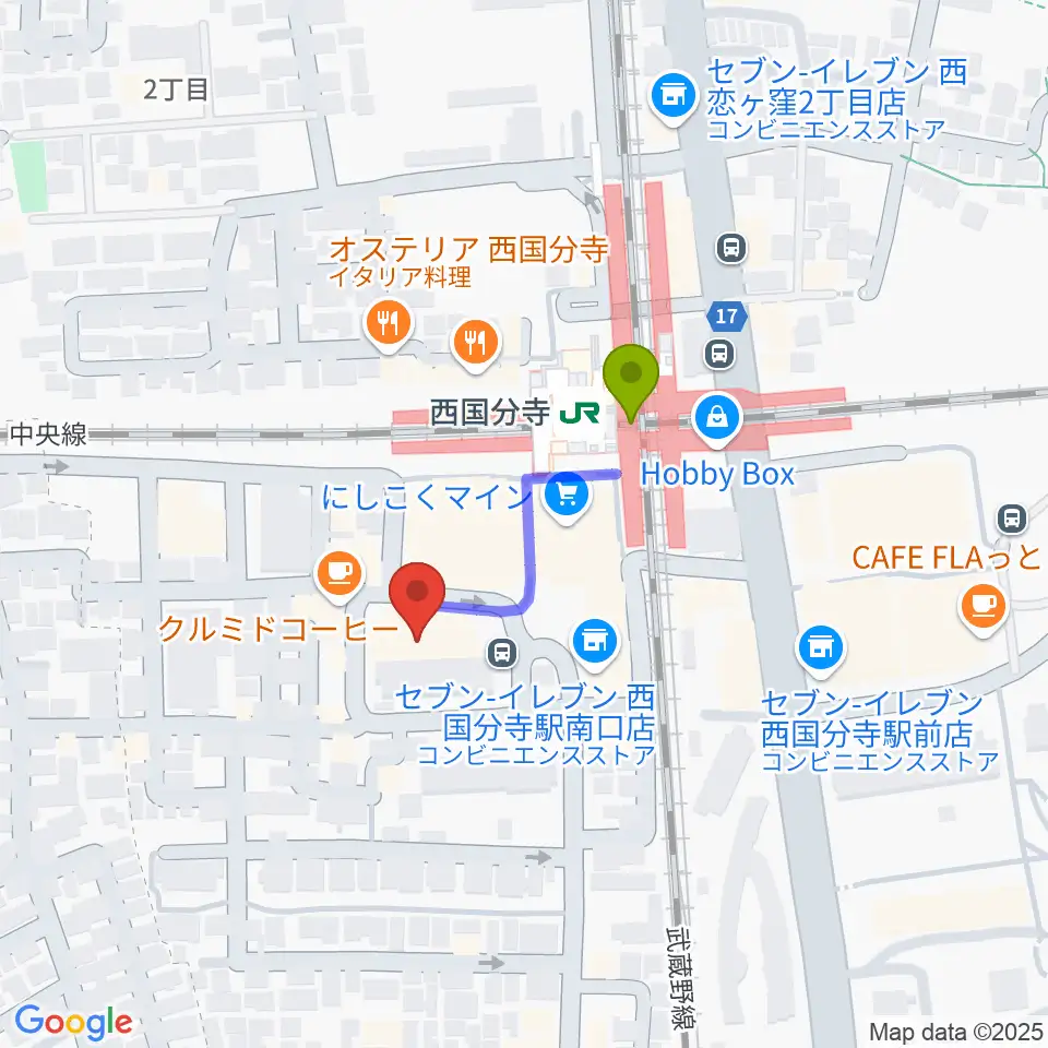 国分寺市立いずみホールの最寄駅西国分寺駅からの徒歩ルート（約2分）地図