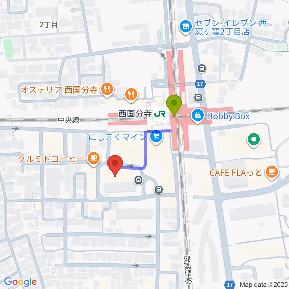 国分寺市立いずみホールの最寄駅西国分寺駅からの徒歩ルート（約2分）地図