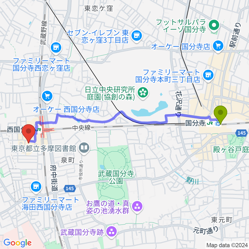 国分寺駅から国分寺市立いずみホールへのルートマップ地図