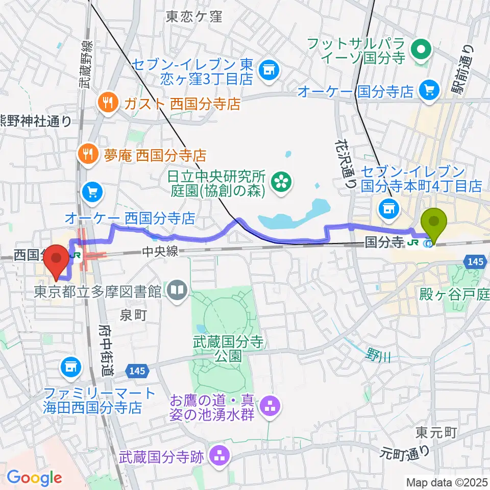 国分寺駅から国分寺市立いずみホールへのルートマップ地図