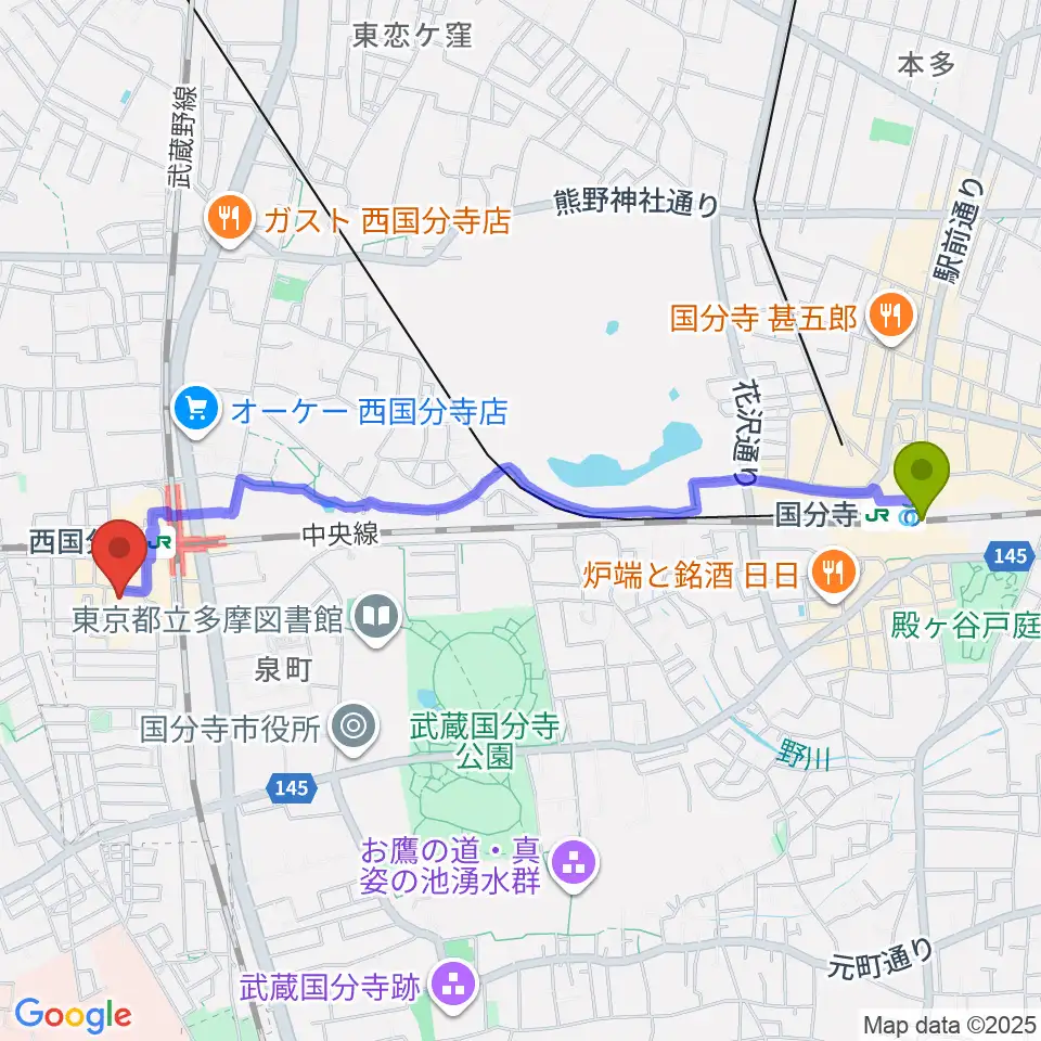 国分寺駅から国分寺市立いずみホールへのルートマップ地図