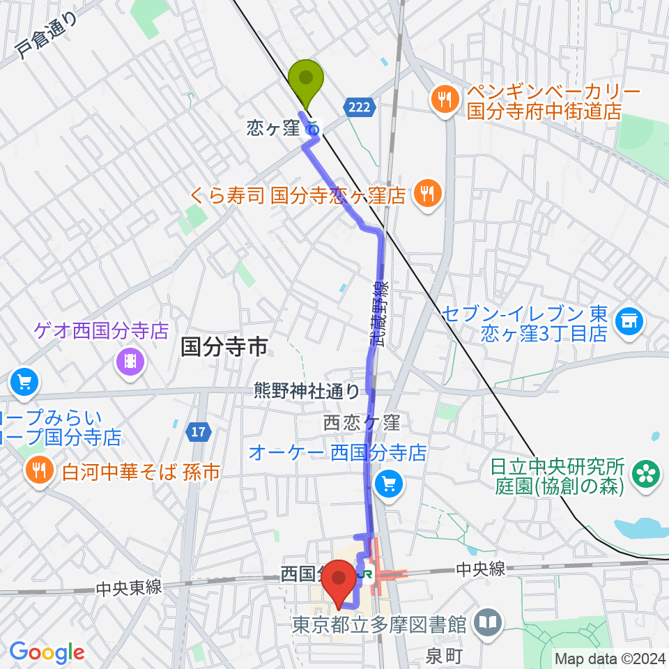 恋ヶ窪駅から国分寺市立いずみホールへのルートマップ地図