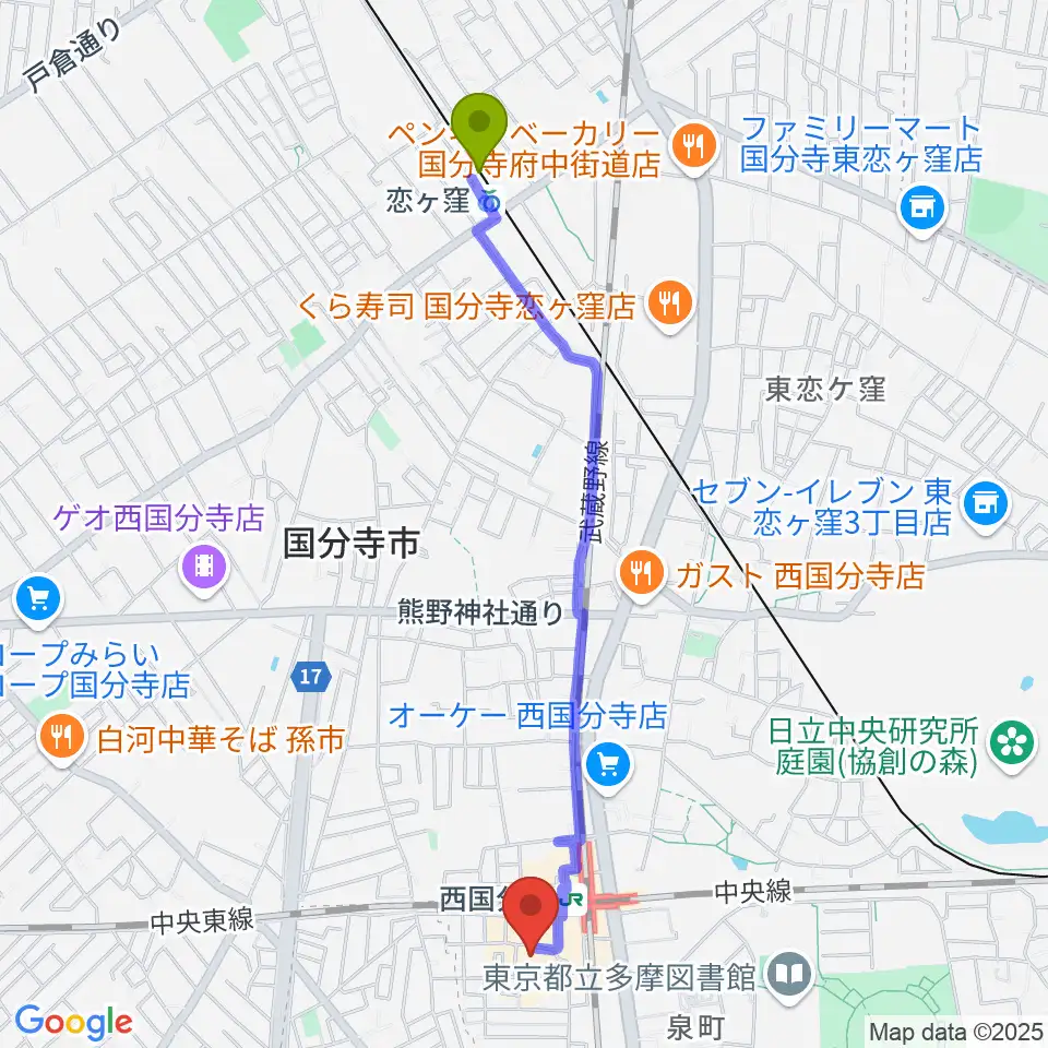 恋ヶ窪駅から国分寺市立いずみホールへのルートマップ地図