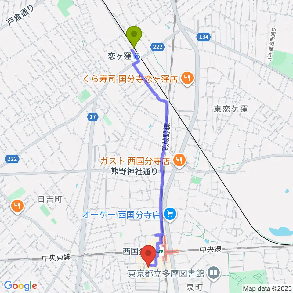 恋ヶ窪駅から国分寺市立いずみホールへのルートマップ地図
