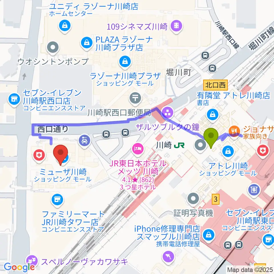 ミューザ川崎シンフォニーホールの最寄駅川崎駅からの徒歩ルート（約4分）地図