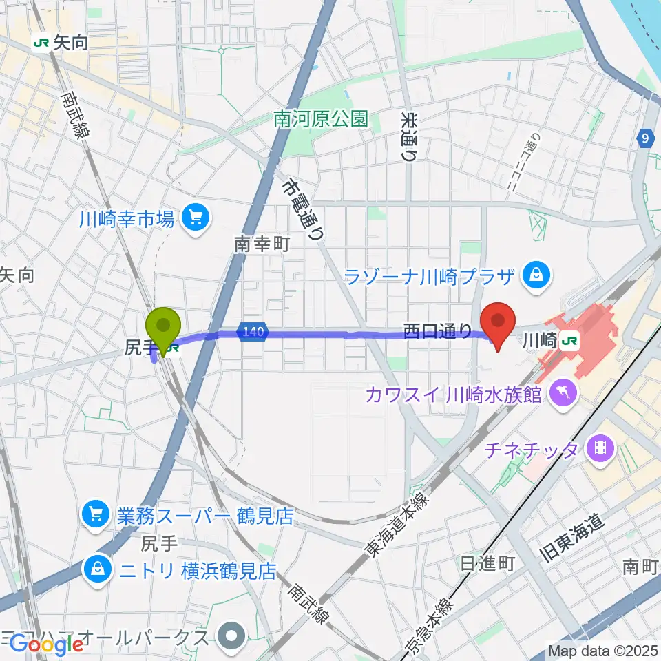 尻手駅からミューザ川崎シンフォニーホールへのルートマップ地図