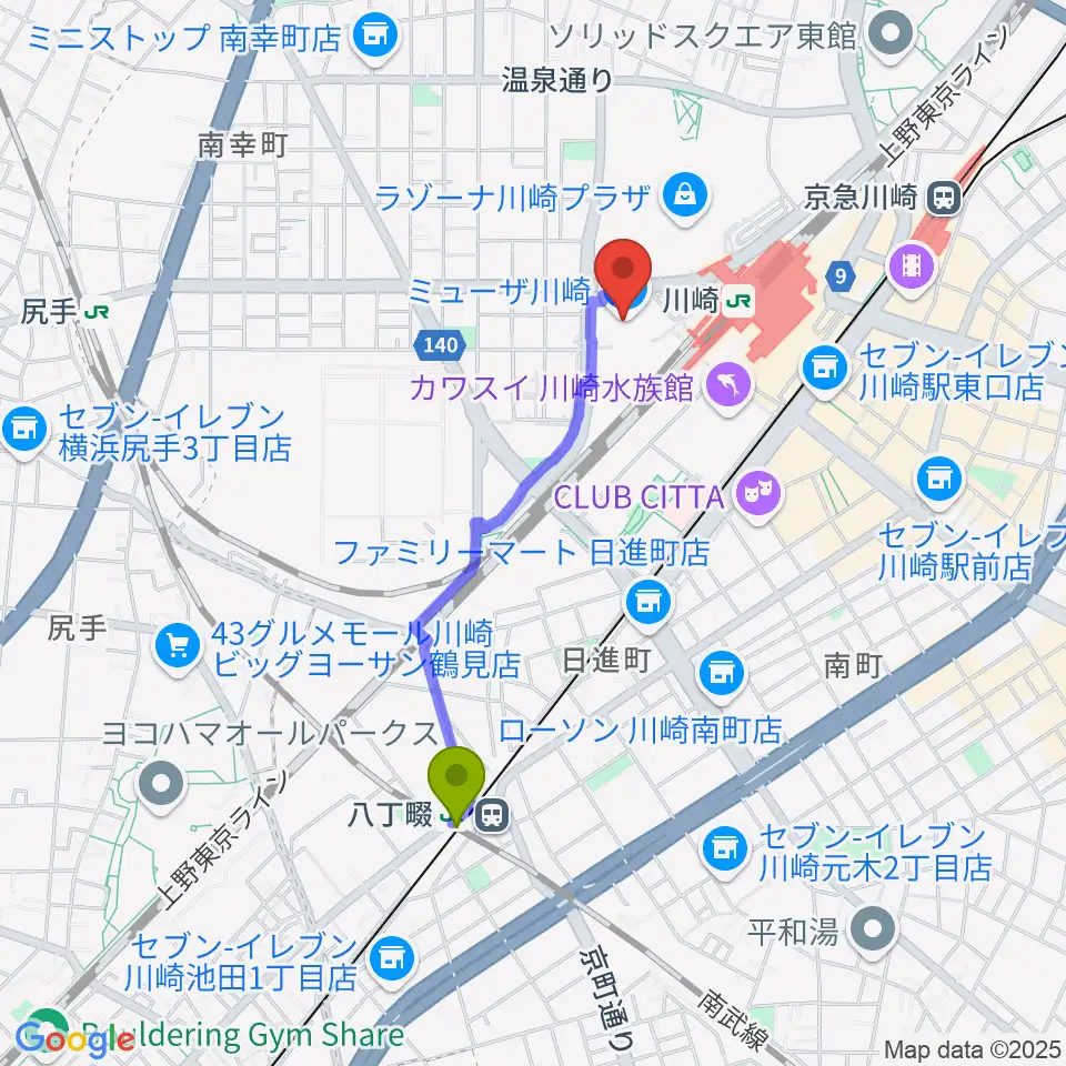 八丁畷駅からミューザ川崎シンフォニーホールへのルートマップ地図