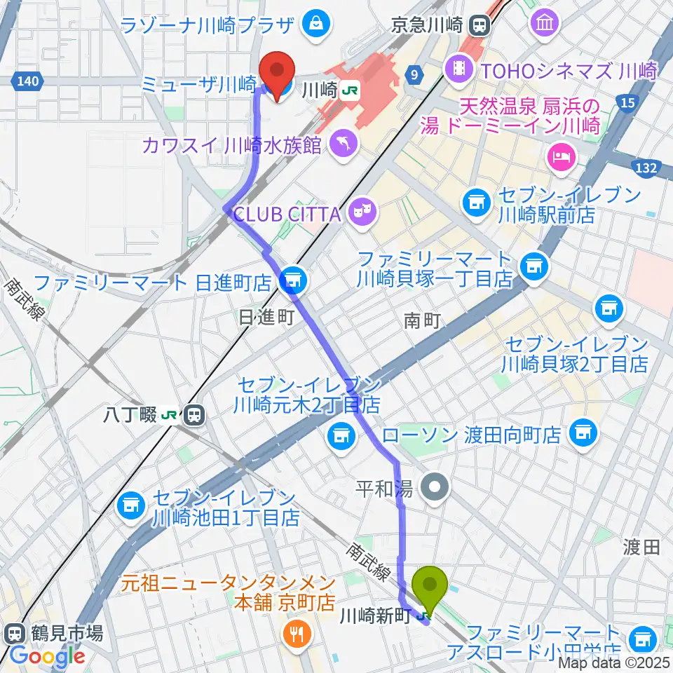 川崎新町駅からミューザ川崎シンフォニーホールへのルートマップ地図