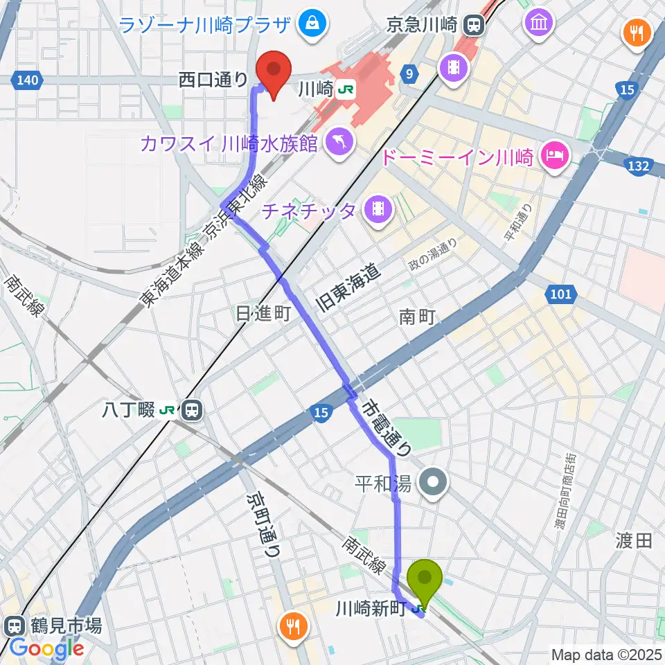 川崎新町駅からミューザ川崎シンフォニーホールへのルートマップ地図