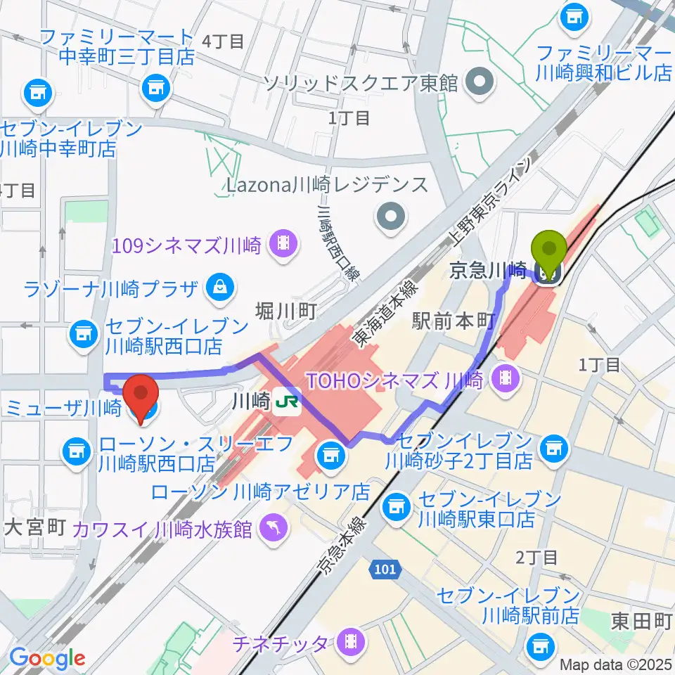 京急川崎駅からミューザ川崎シンフォニーホールへのルートマップ地図