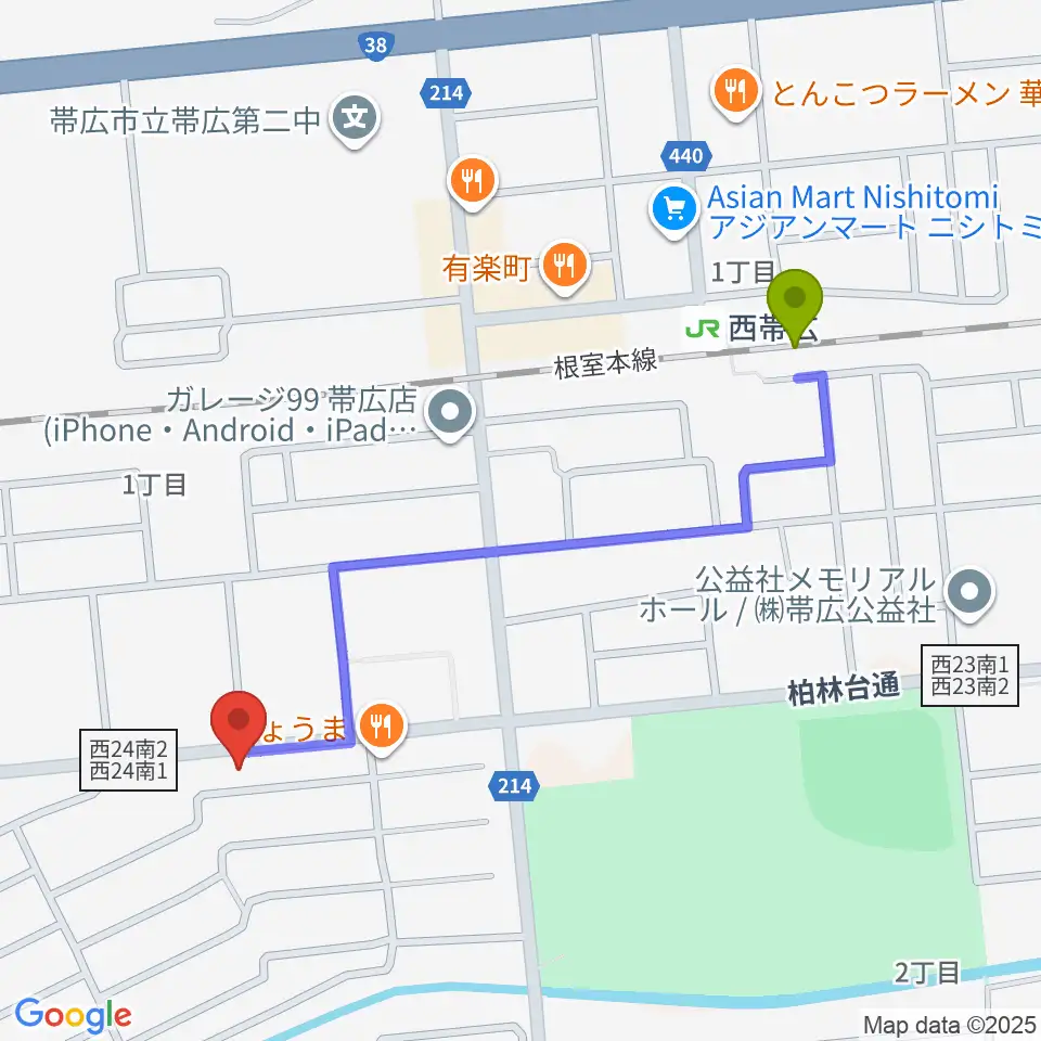 平井音楽事務所 十勝帯広の音楽教室の最寄駅西帯広駅からの徒歩ルート（約9分）地図