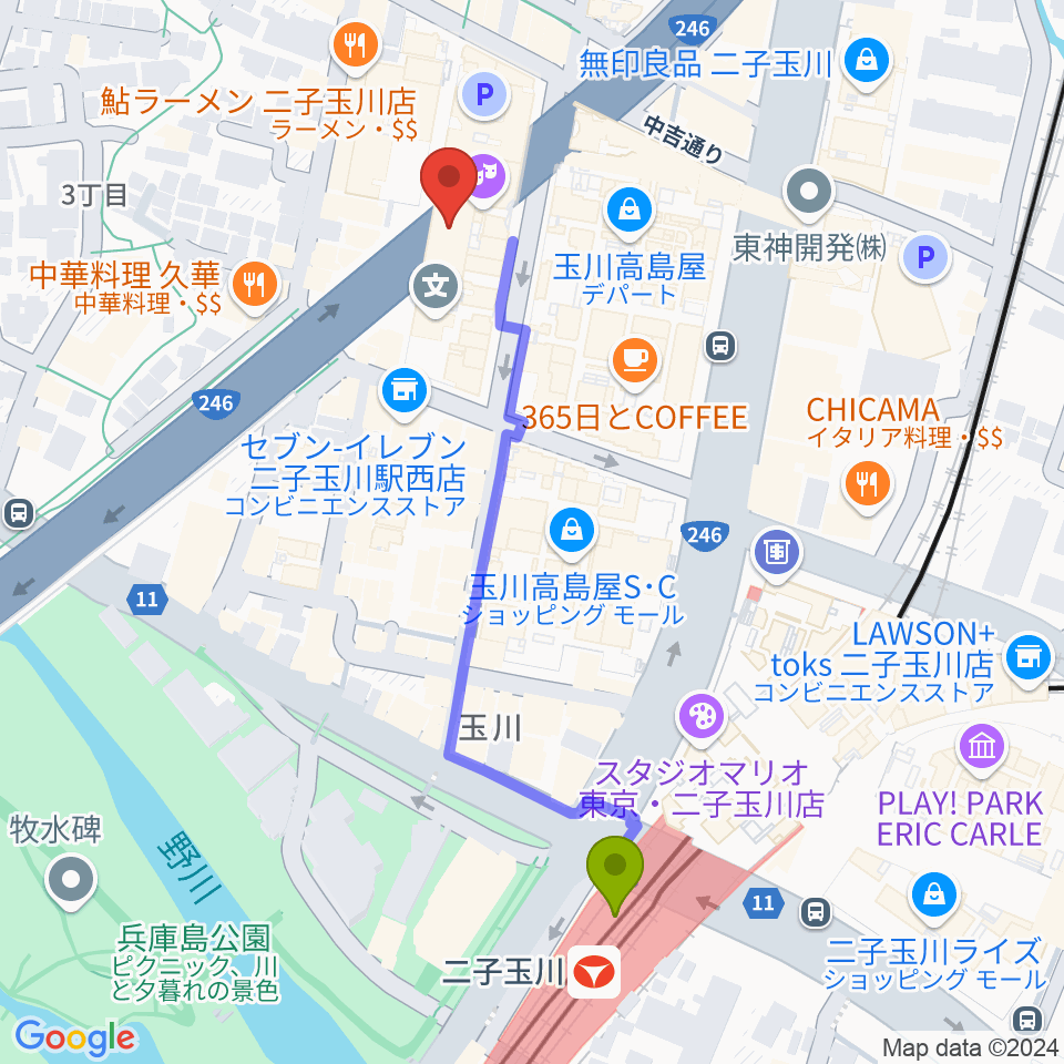 二子玉川アレーナホールの最寄駅二子玉川駅からの徒歩ルート（約5分）地図