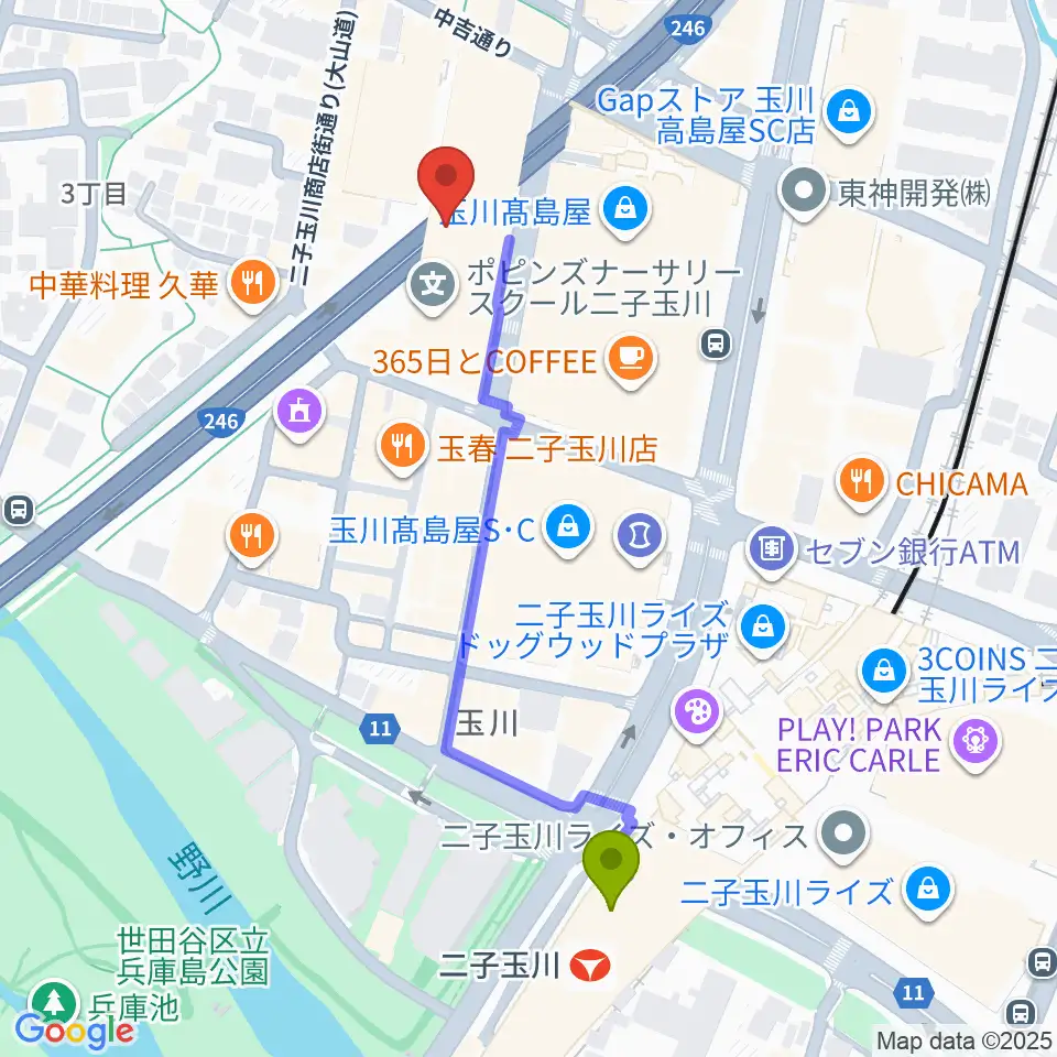 二子玉川アレーナホールの最寄駅二子玉川駅からの徒歩ルート（約5分）地図
