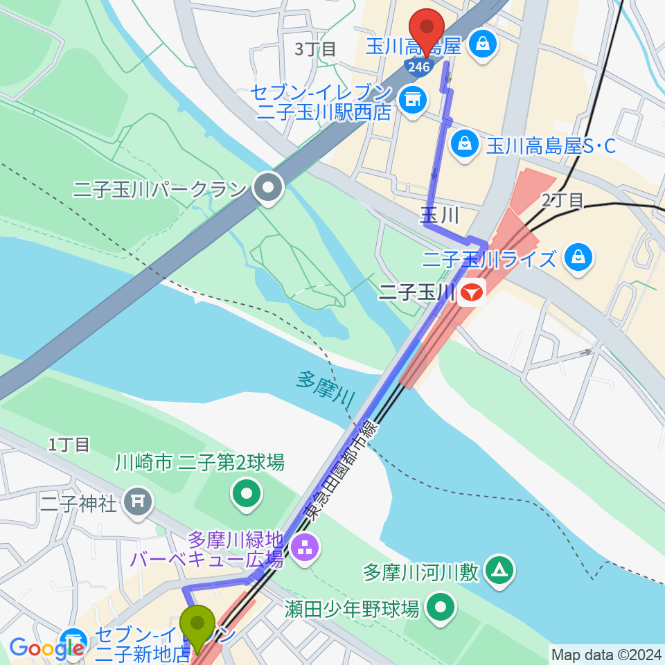 二子新地駅から二子玉川アレーナホールへのルートマップ地図