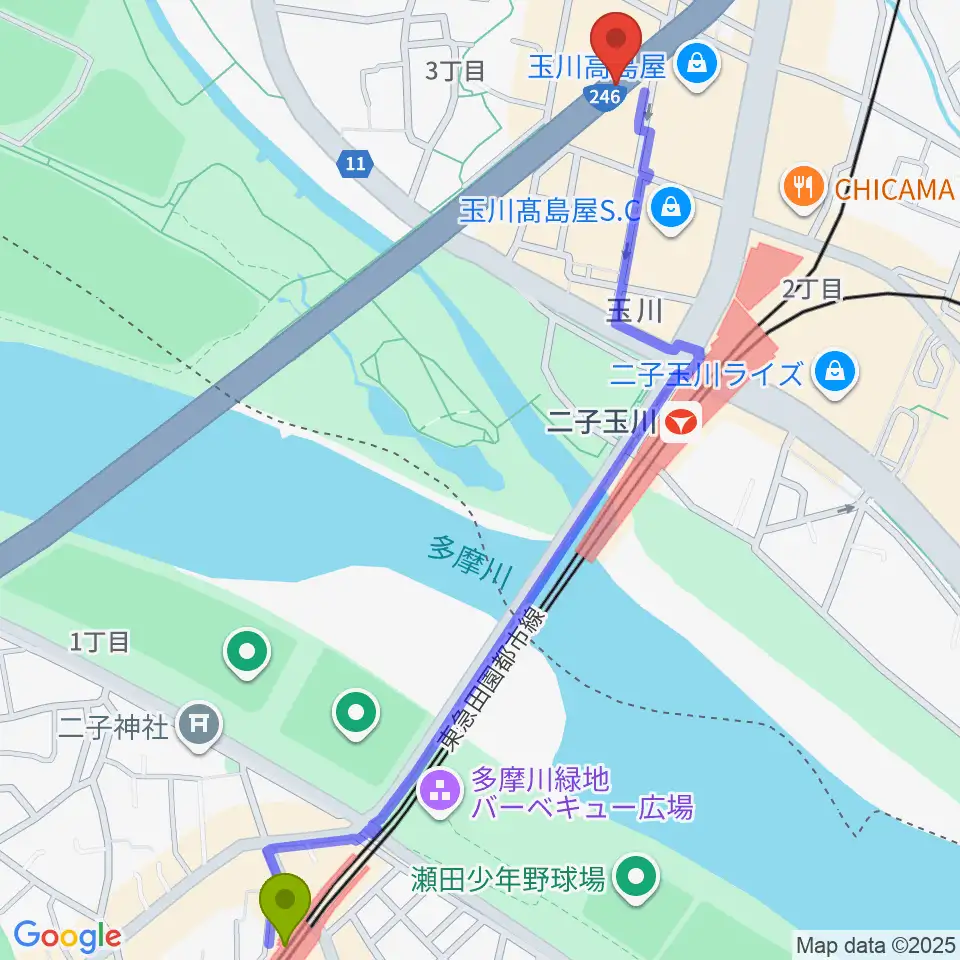 二子新地駅から二子玉川アレーナホールへのルートマップ地図