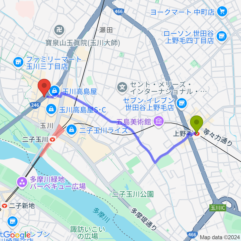 上野毛駅から二子玉川アレーナホールへのルートマップ地図