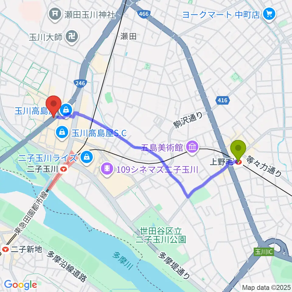 上野毛駅から二子玉川アレーナホールへのルートマップ地図