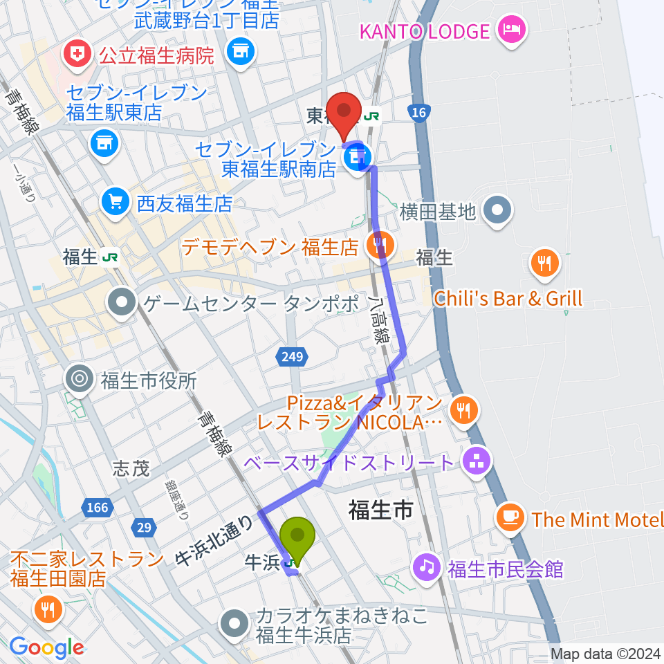 牛浜駅から福生UZUへのルートマップ地図