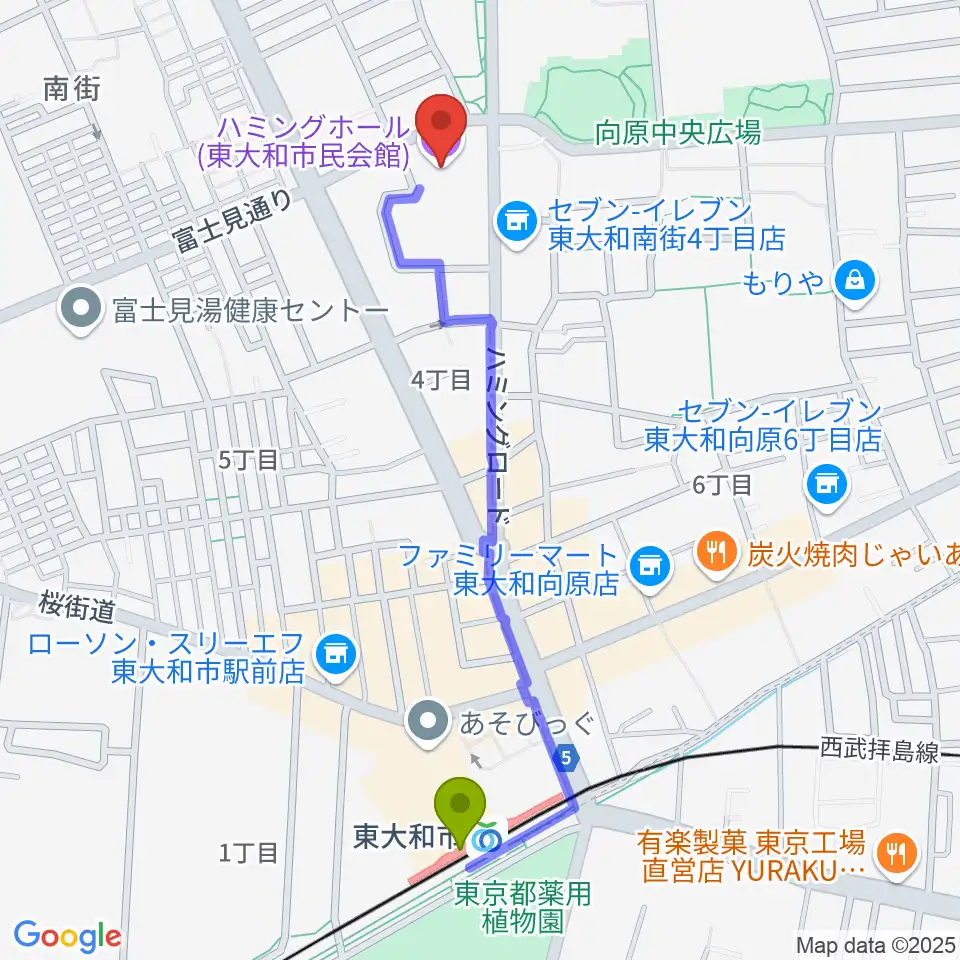 東大和市民会館ハミングホールの最寄駅東大和市駅からの徒歩ルート（約11分）地図