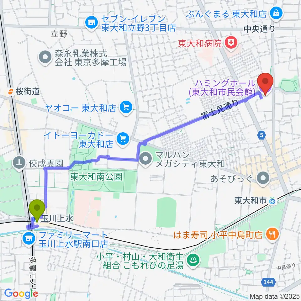 玉川上水駅から東大和市民会館ハミングホールへのルートマップ地図