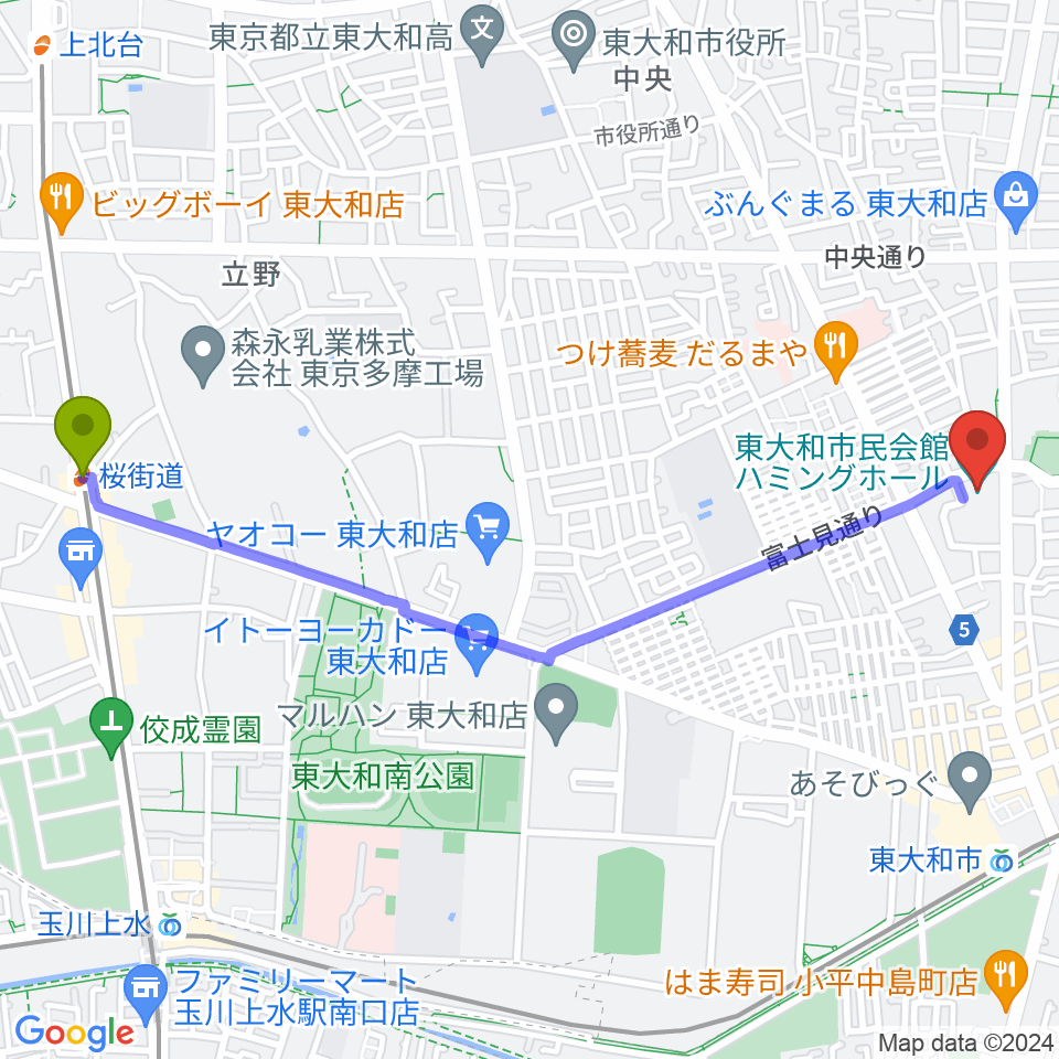 桜街道駅から東大和市民会館ハミングホールへのルートマップ地図