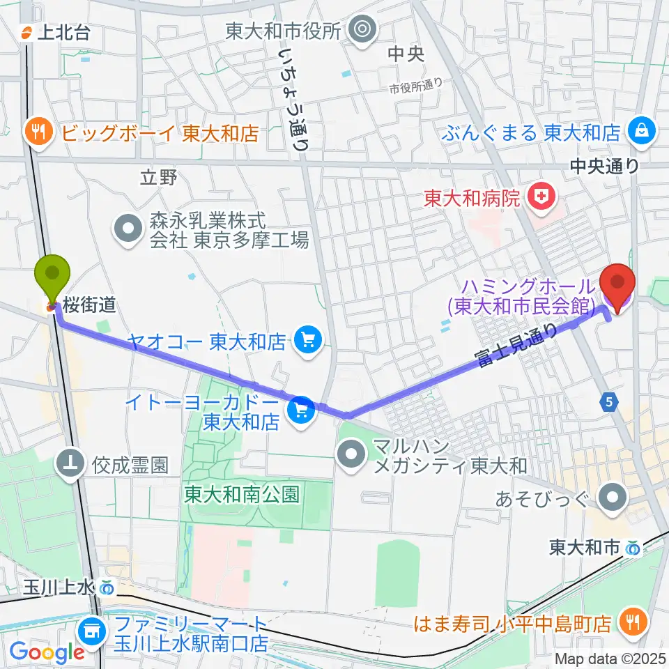 桜街道駅から東大和市民会館ハミングホールへのルートマップ地図