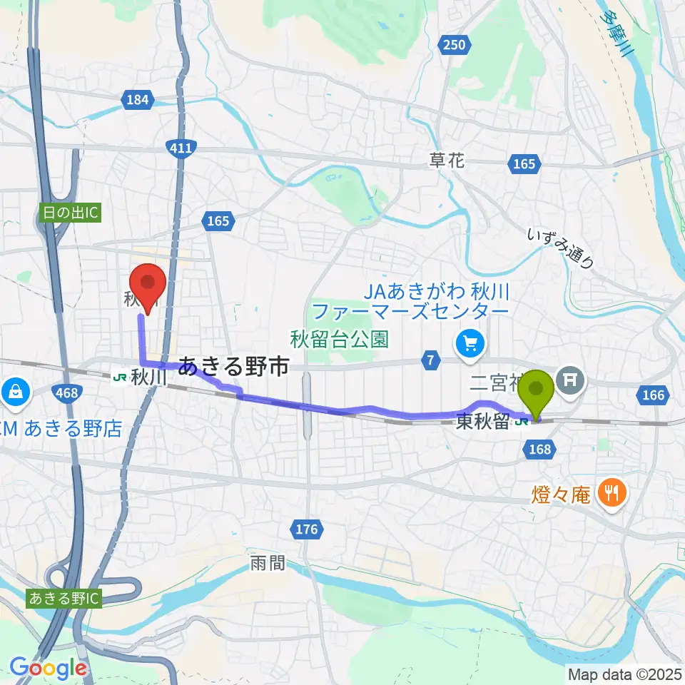 東秋留駅からS&D秋川キララホールへのルートマップ地図