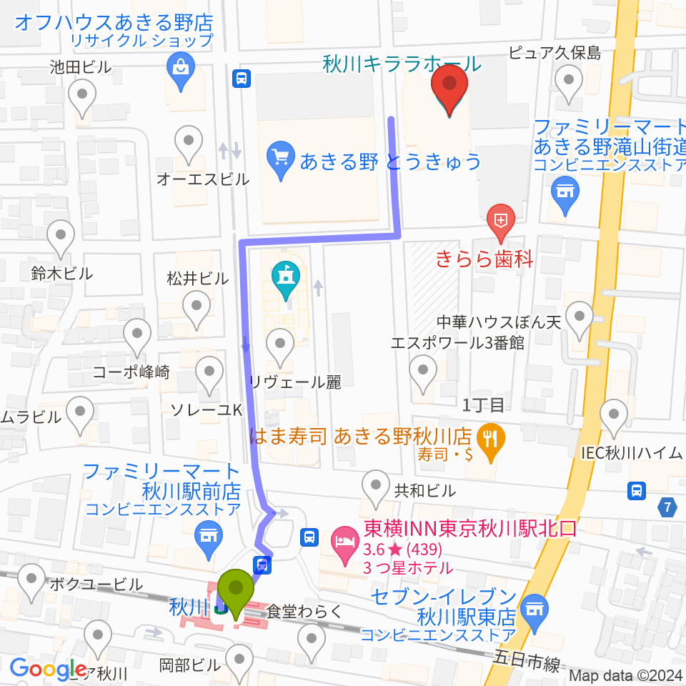 秋川キララホールの最寄駅秋川駅からの徒歩ルート（約6分）地図