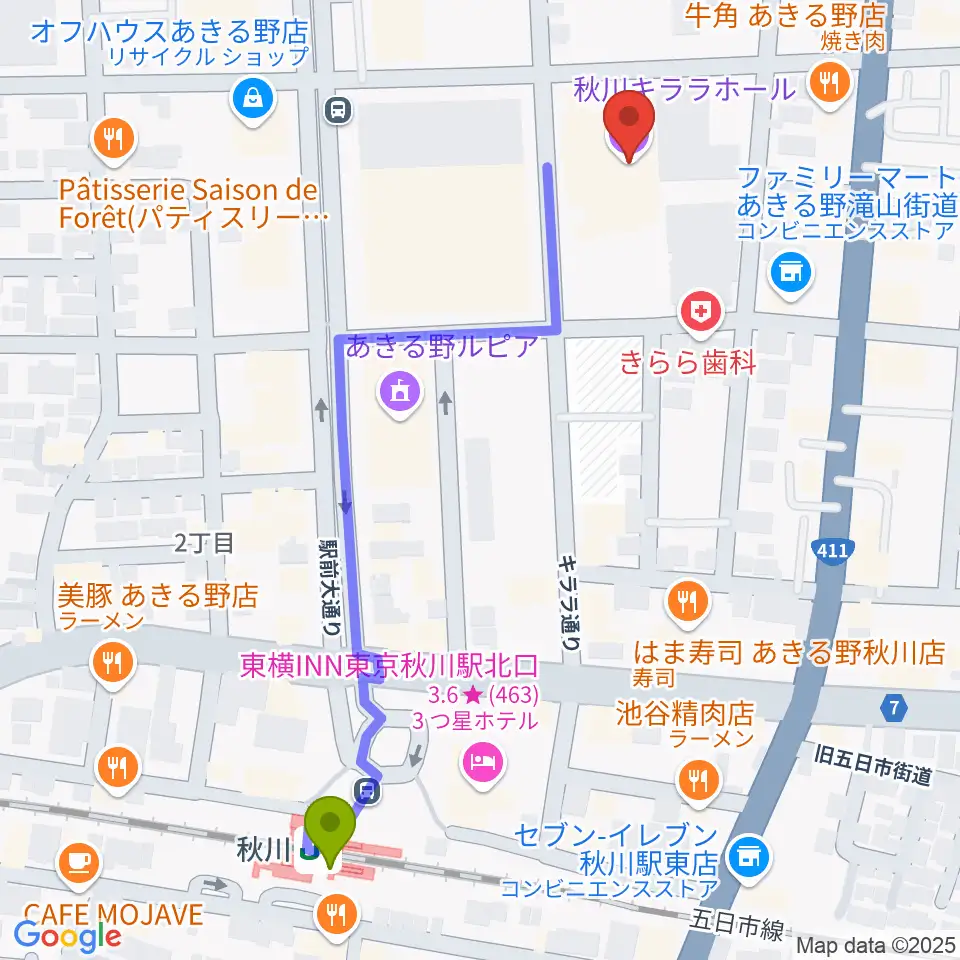 S&D秋川キララホールの最寄駅秋川駅からの徒歩ルート（約6分）地図