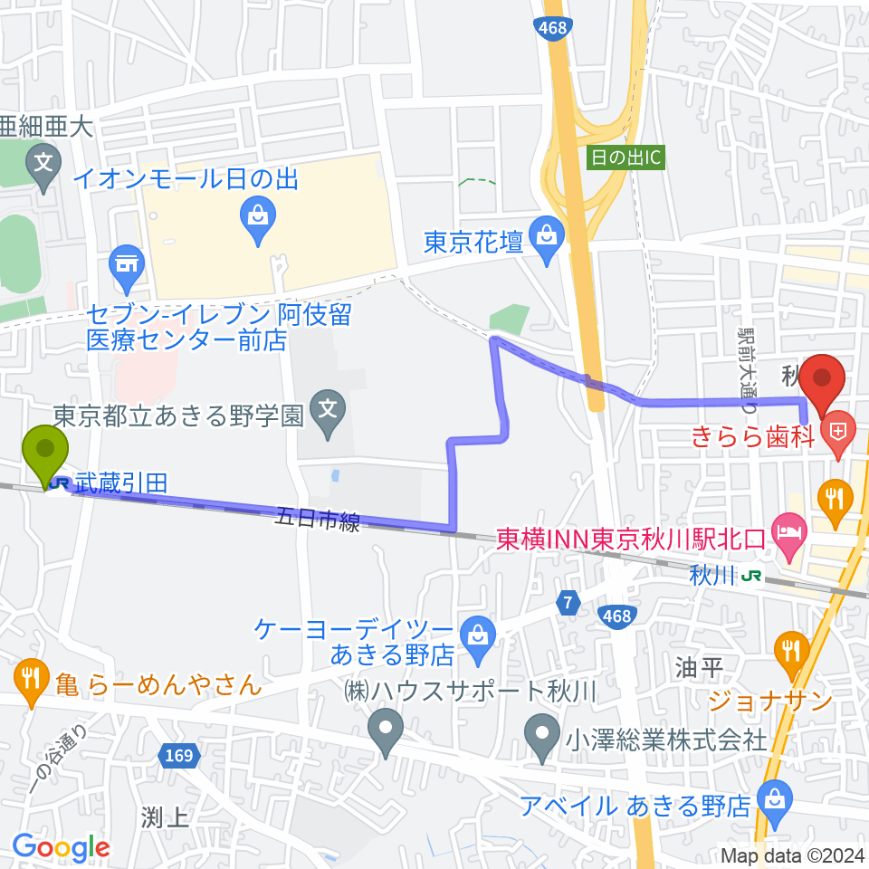 武蔵引田駅から秋川キララホールへのルートマップ地図