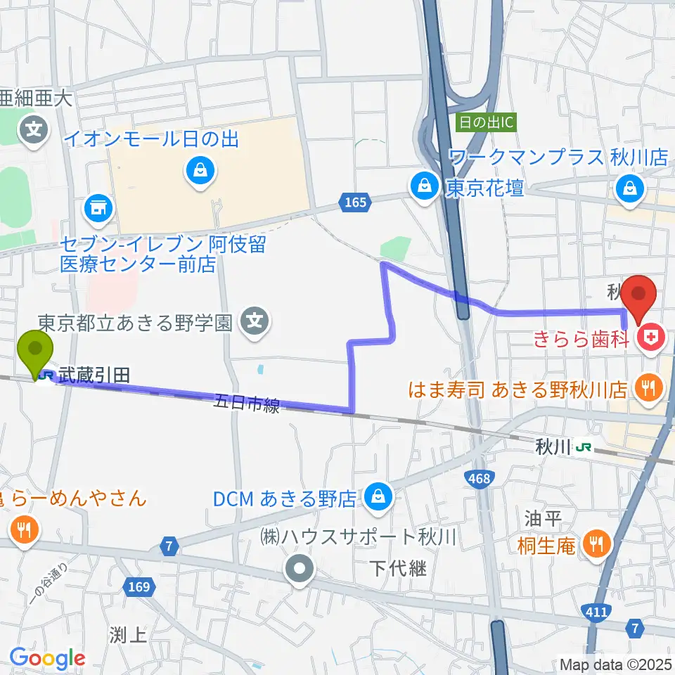 武蔵引田駅からS&D秋川キララホールへのルートマップ地図