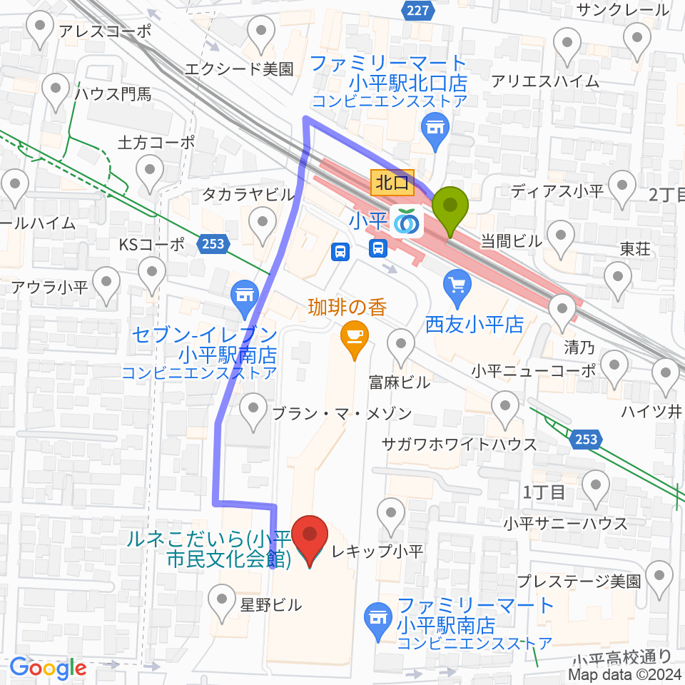 ルネこだいらの最寄駅小平駅からの徒歩ルート（約4分）地図