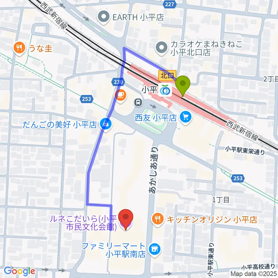 ルネこだいらの最寄駅小平駅からの徒歩ルート（約4分）地図
