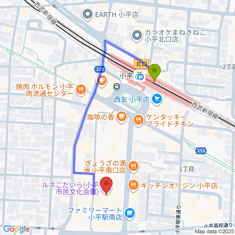 ルネこだいらの最寄駅小平駅からの徒歩ルート（約4分）地図