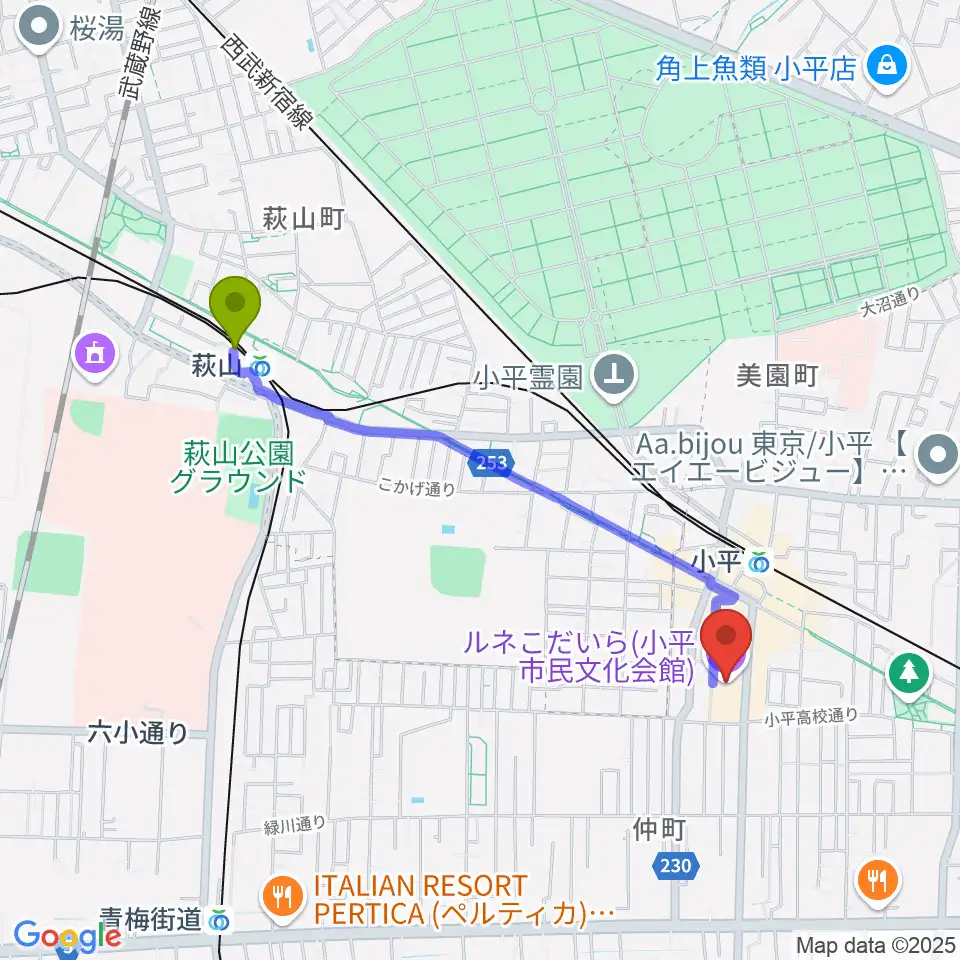 萩山駅からルネこだいらへのルートマップ地図