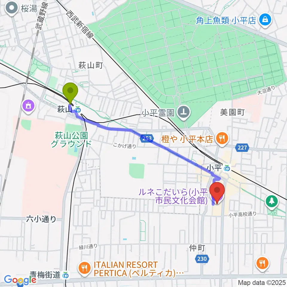 萩山駅からルネこだいらへのルートマップ地図