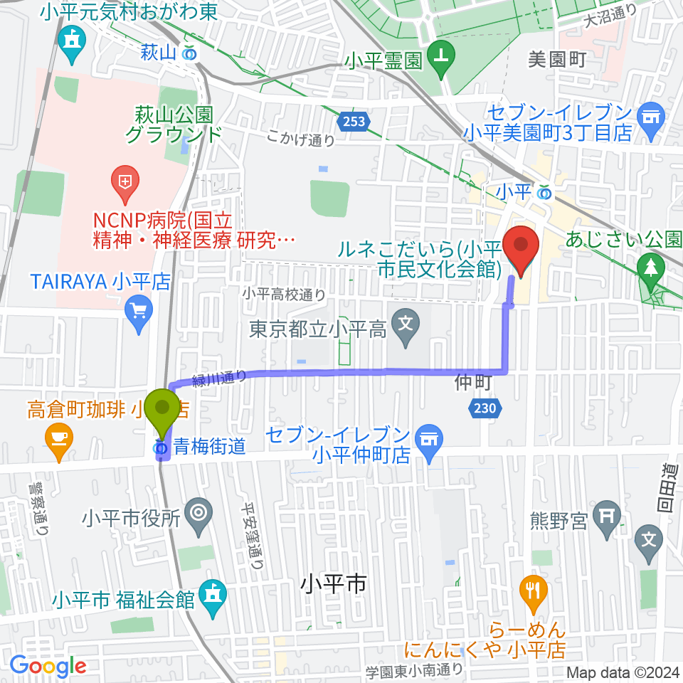 青梅街道駅からルネこだいらへのルートマップ地図