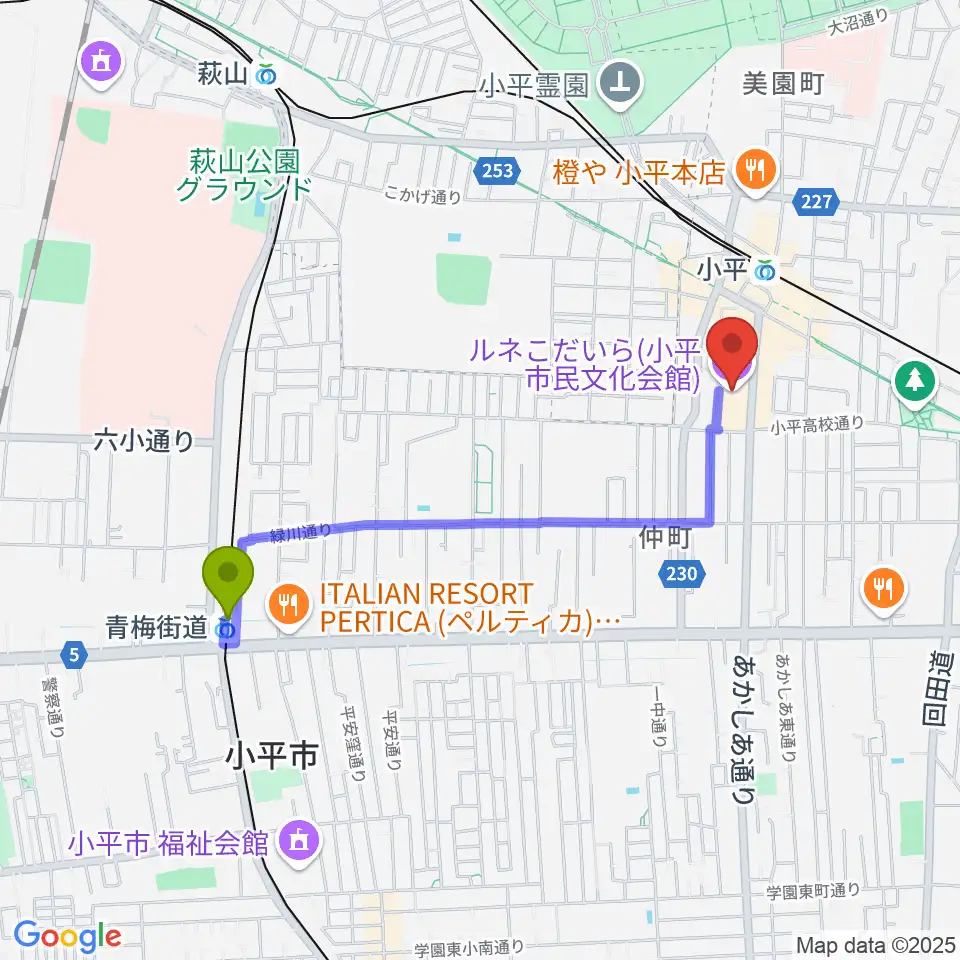 青梅街道駅からルネこだいらへのルートマップ地図