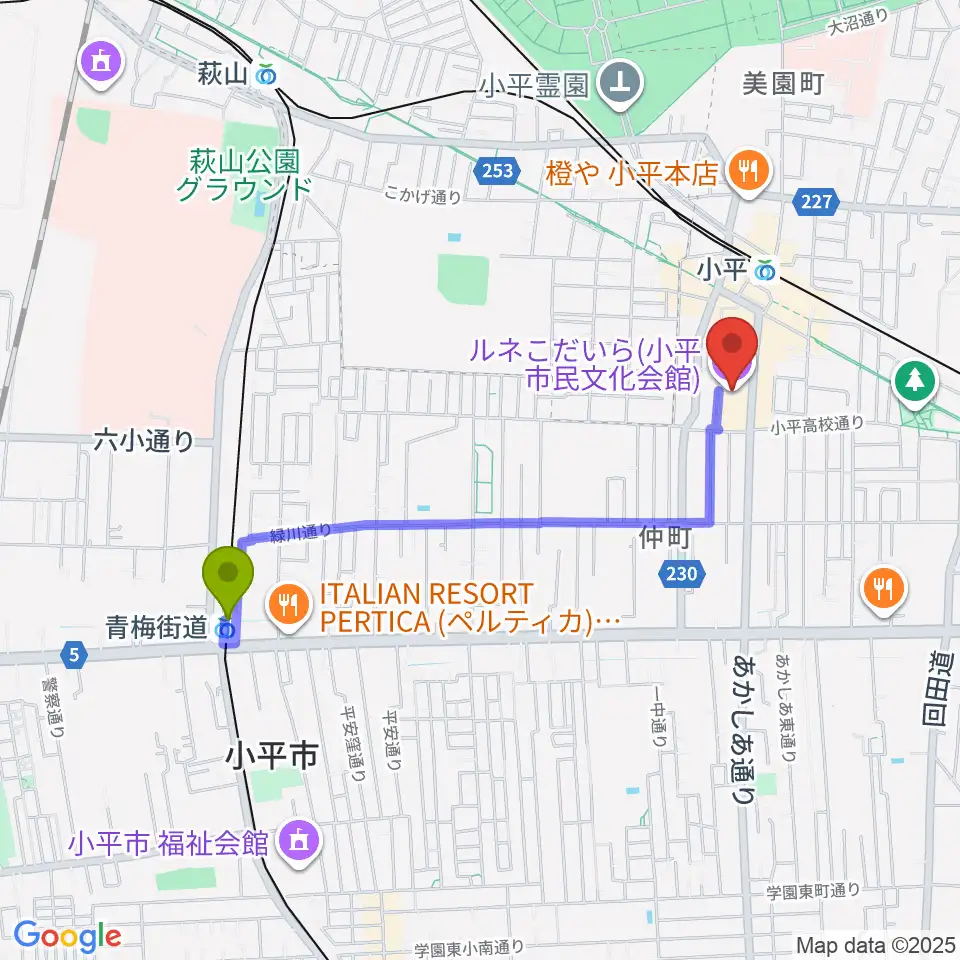 青梅街道駅からルネこだいらへのルートマップ地図