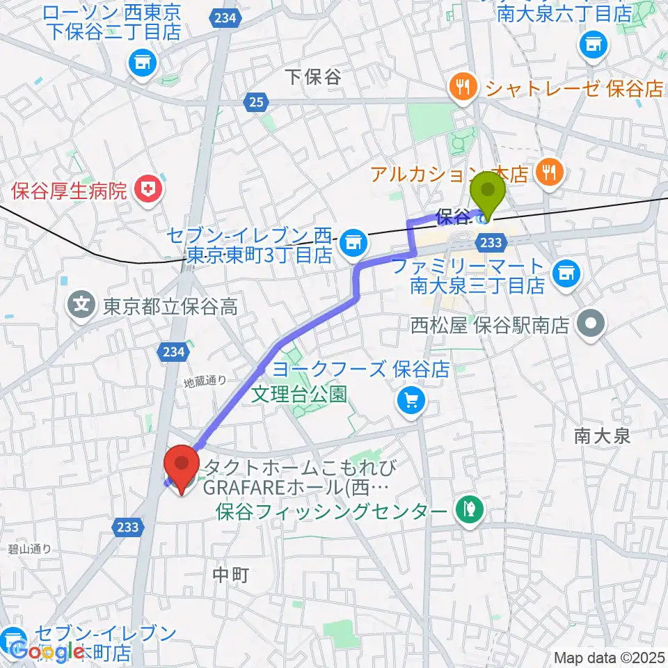 タクトホームこもれびGRAFAREホールの最寄駅保谷駅からの徒歩ルート（約19分）地図