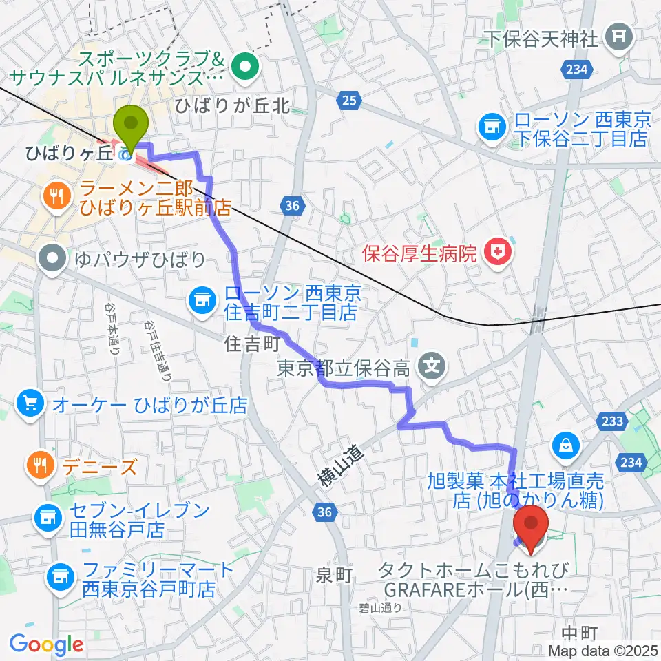 ひばりヶ丘駅からタクトホームこもれびGRAFAREホールへのルートマップ地図